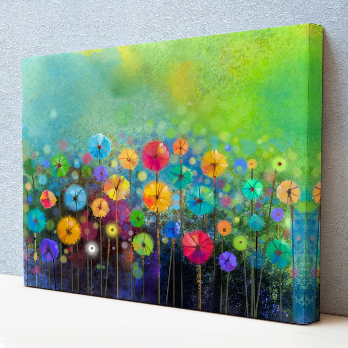 Colorful Abstract Flowers Watercolor Painting Green Background Print