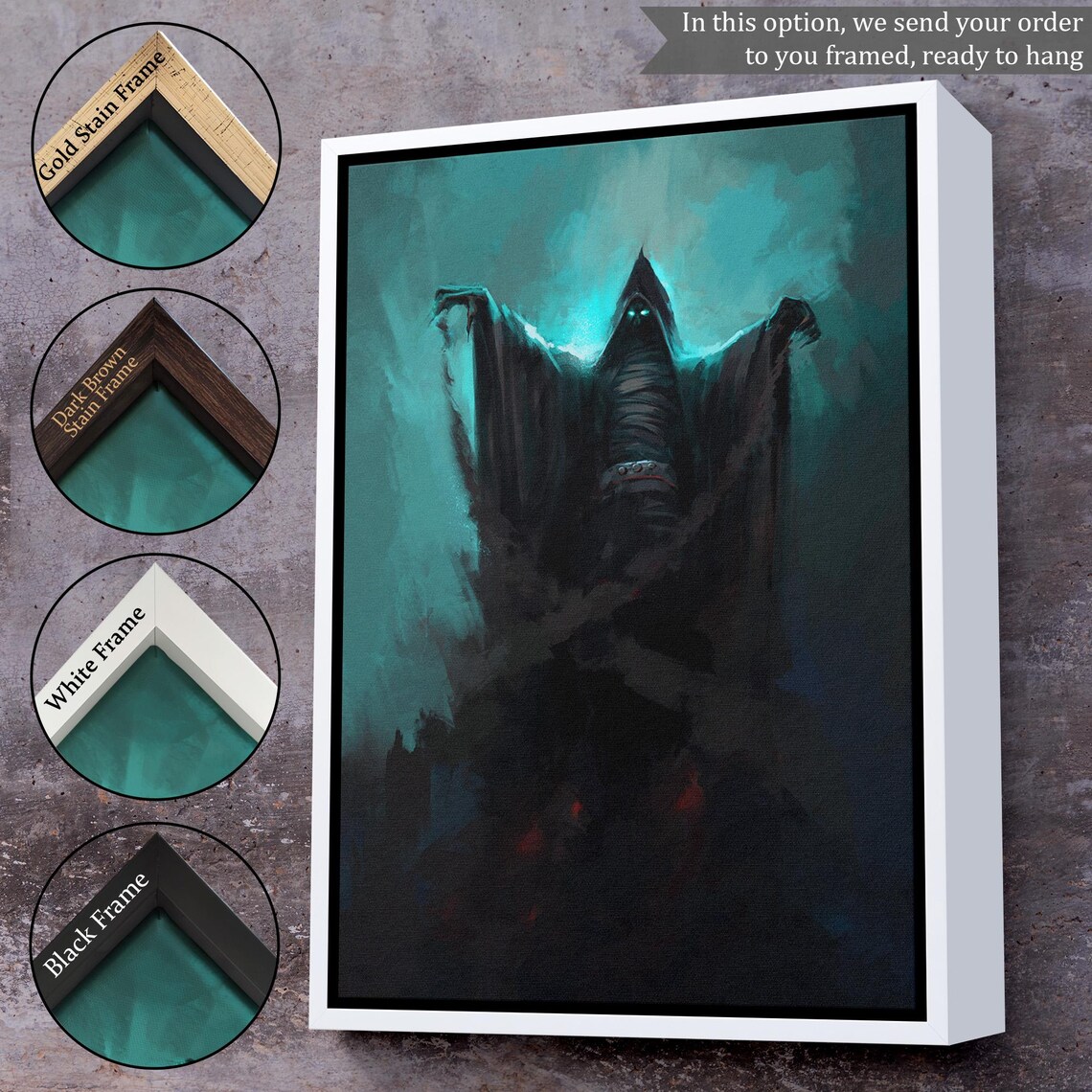 Dark Hooded Spirit With Glowing Eyes In Teal Mist Gothic Halloween Poster - Image 3