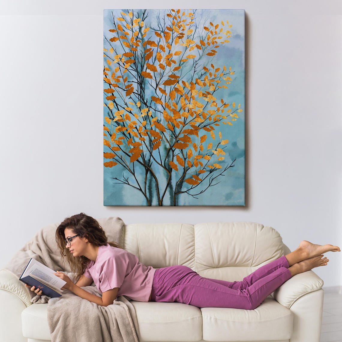 Golden Autumn Leaves Bare Branches Soft Blue Watercolor Tree Poster - Image 3