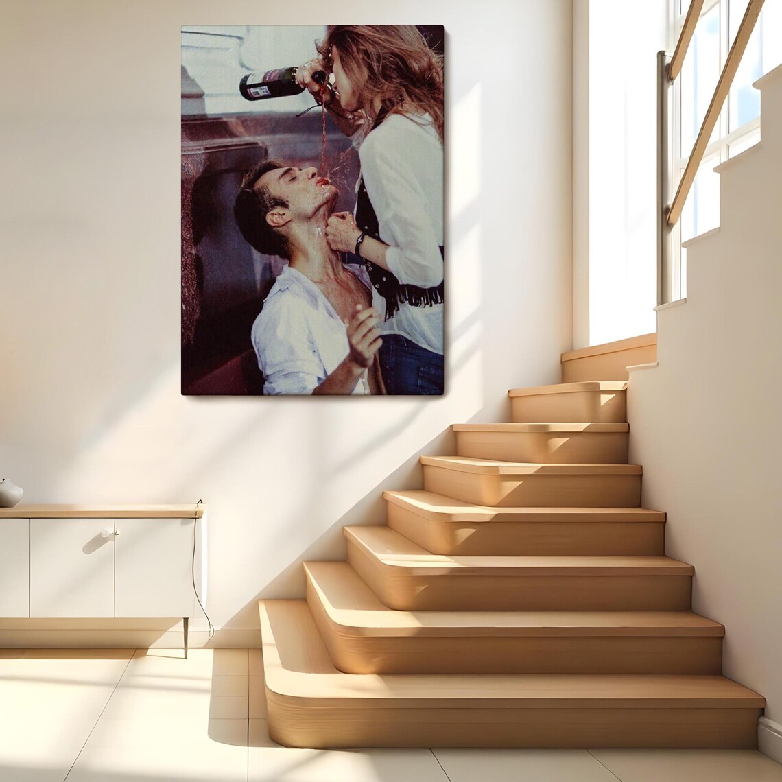 Couple Sharing Red Wine Playful Kiss Romantic Photography Poster - Image 2