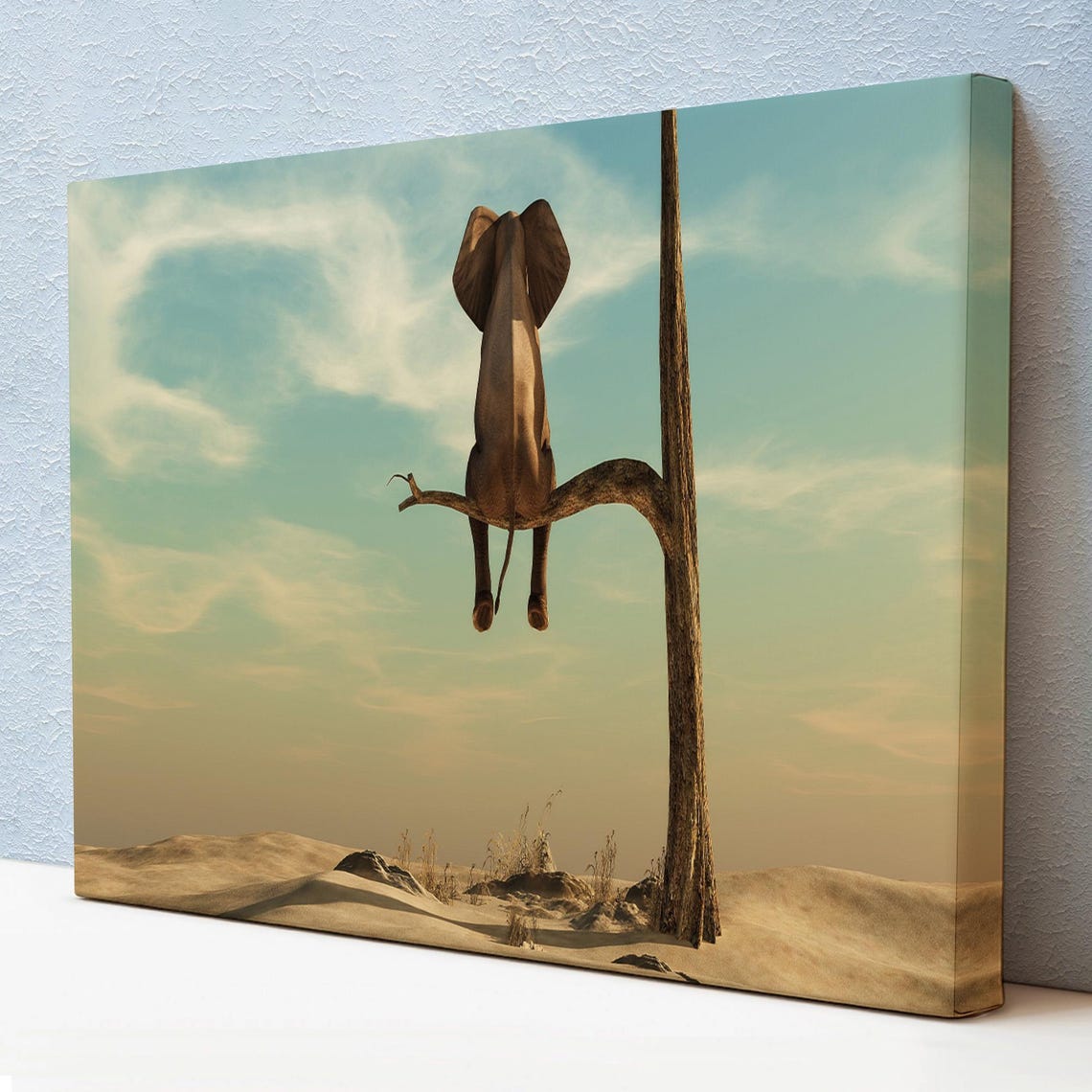 Elephant Sitting On Tree Branch Desert Surreal Funny Animal Art Print