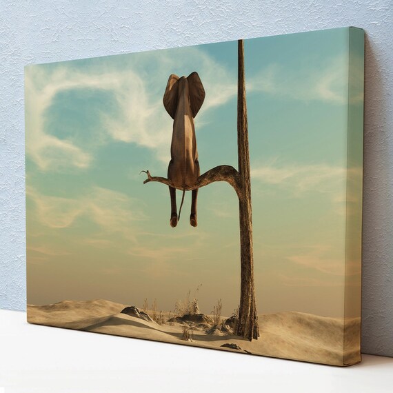 Elephant Sitting On Tree Branch Desert Surreal Funny Animal Art Print