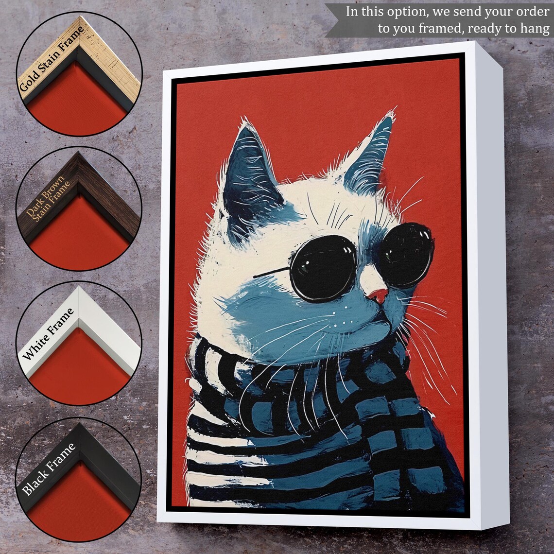 Cool Cat Wearing Sunglasses Striped Scarf Red Pop Art Poster - Image 3