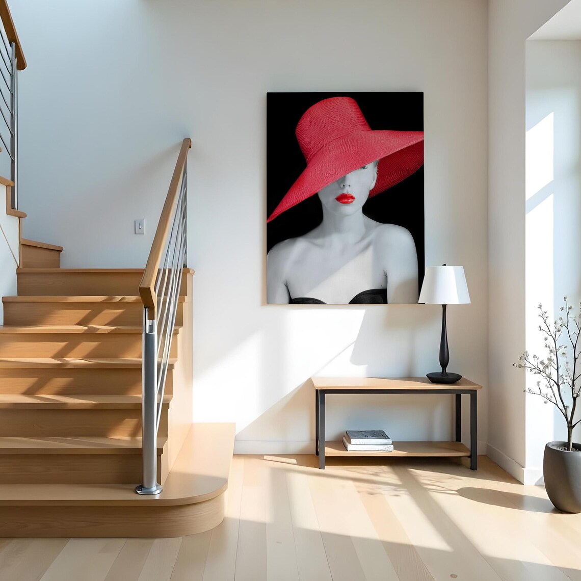 Elegant Woman Red Wide Brim Hat Red Lipstick Black White Fashion Print - Image 2