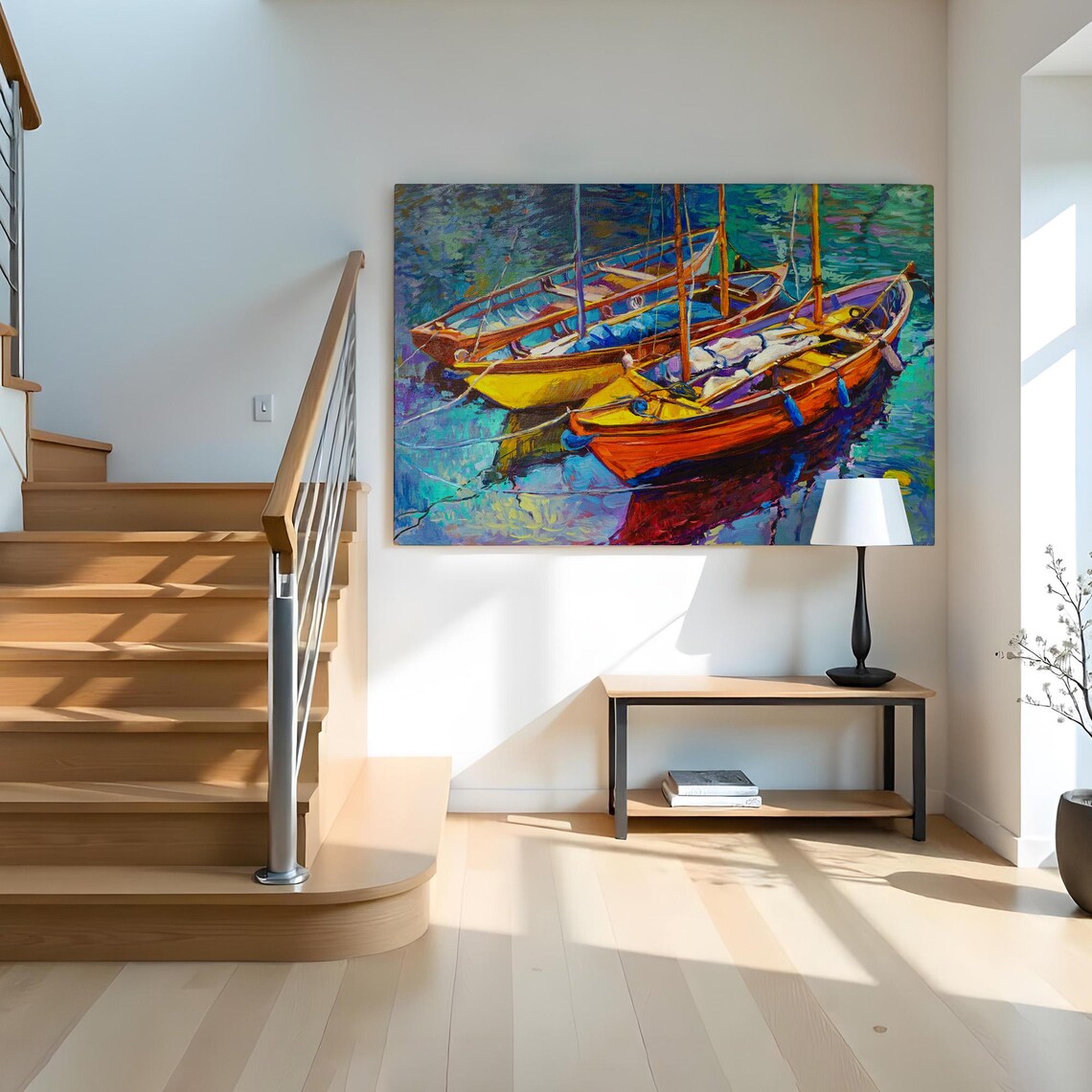 Colorful Fishing Boats Harbor Oil Painting Vibrant Marina Scene Poster - Image 2