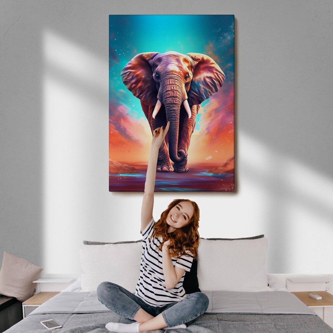 Majestic Elephant Walking Forward Under Turquoise Sunset Sky Wall Poster - Image 3