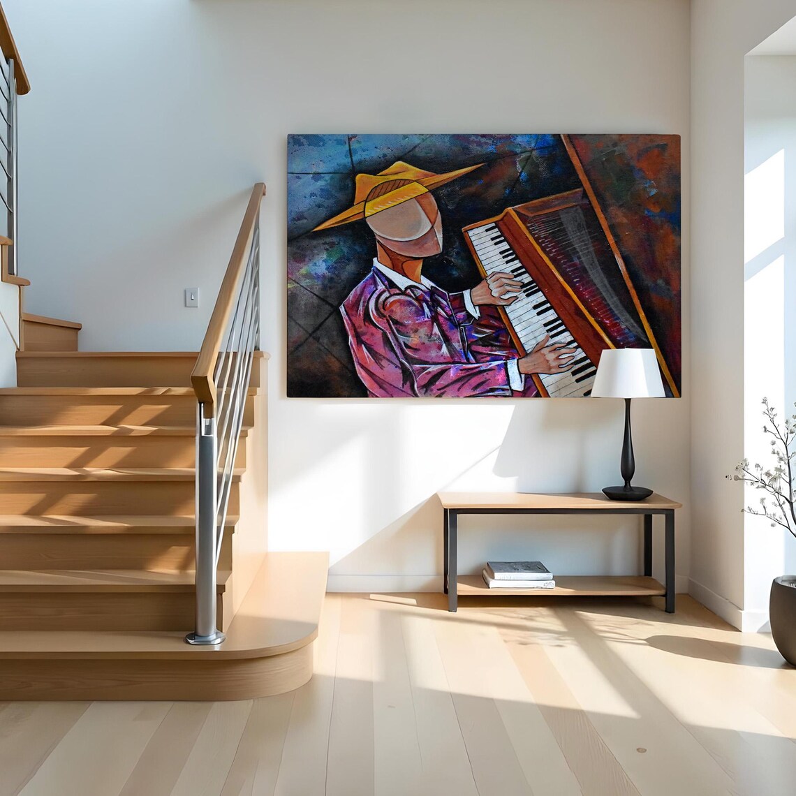 Cubist Musician Yellow Hat Playing Grand Piano Jazz Art Poster - Image 2