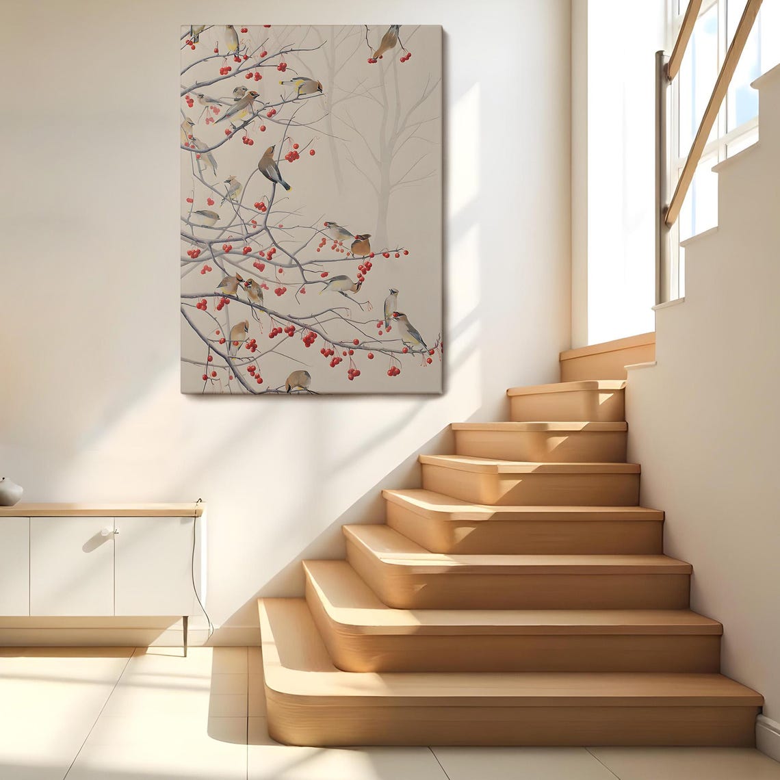 Waxwing Birds Red Berries Winter Branches Oriental Style Art Poster - Image 2
