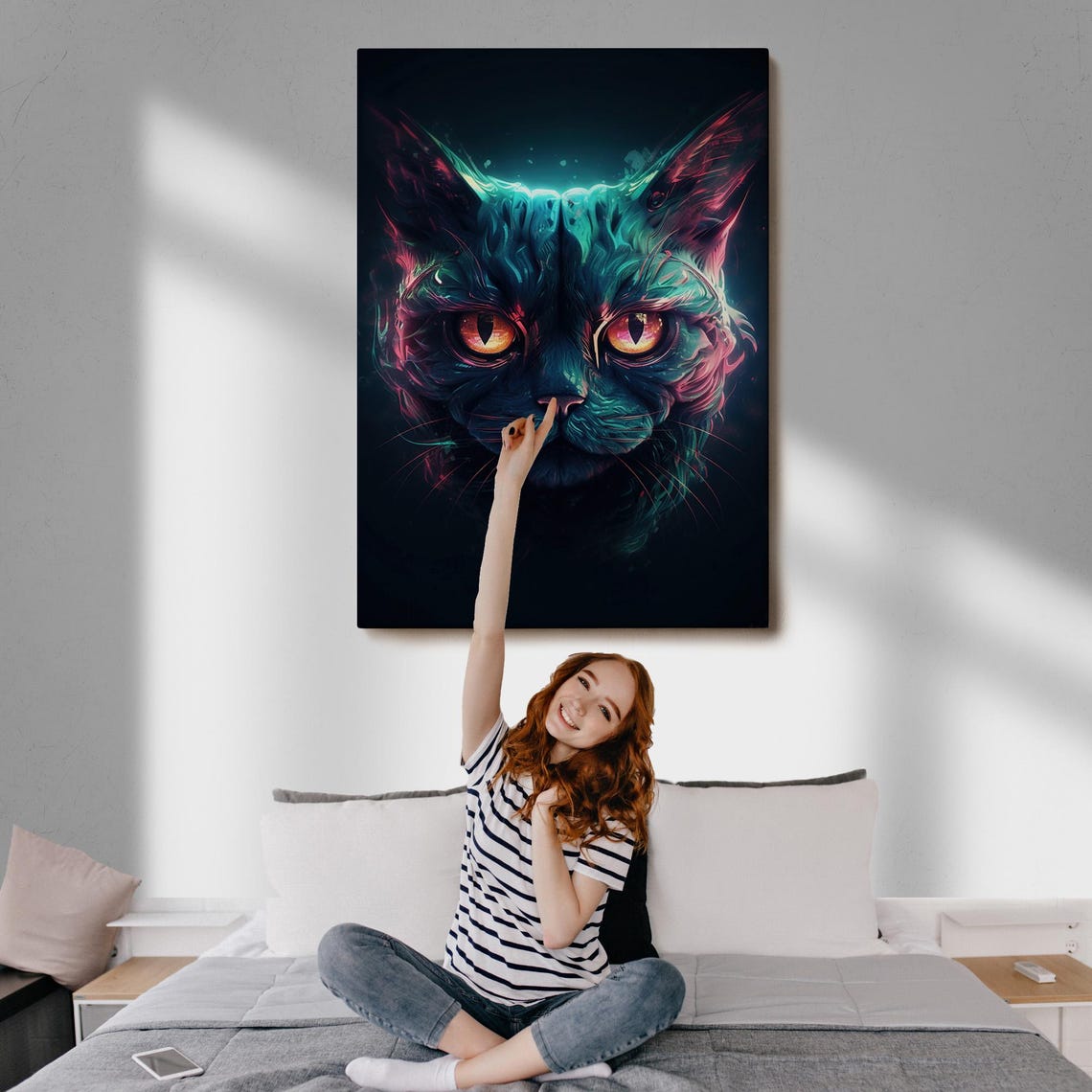 Neon Black Cat Glowing Eyes Dark Cyberpunk Pet Portrait Art Poster - Image 3