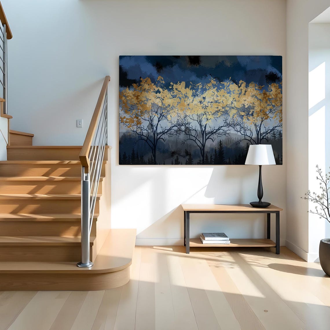 Midnight Forest Golden Tree Canopy Dark Blue Moonlit Night Poster - Image 2