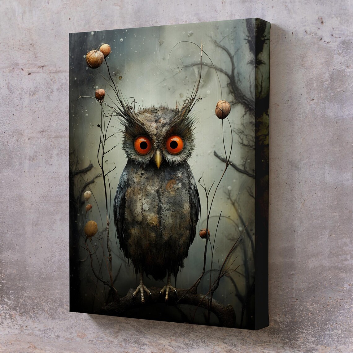 Wide Eyed Scruffy Owl Dried Branches Misty Woodland Art Poster