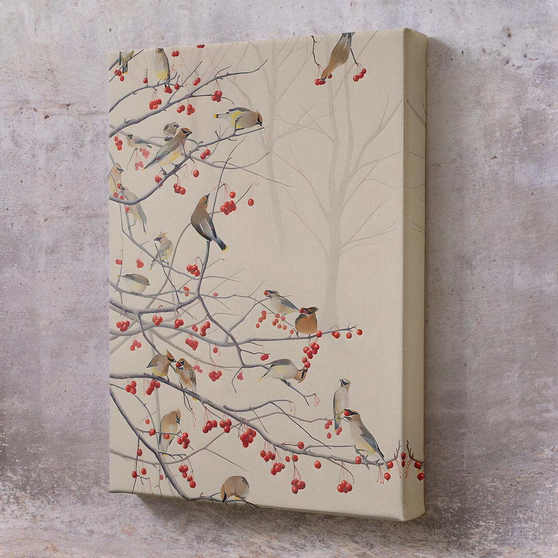 Waxwing Birds Red Berries Winter Branches Oriental Style Art Poster