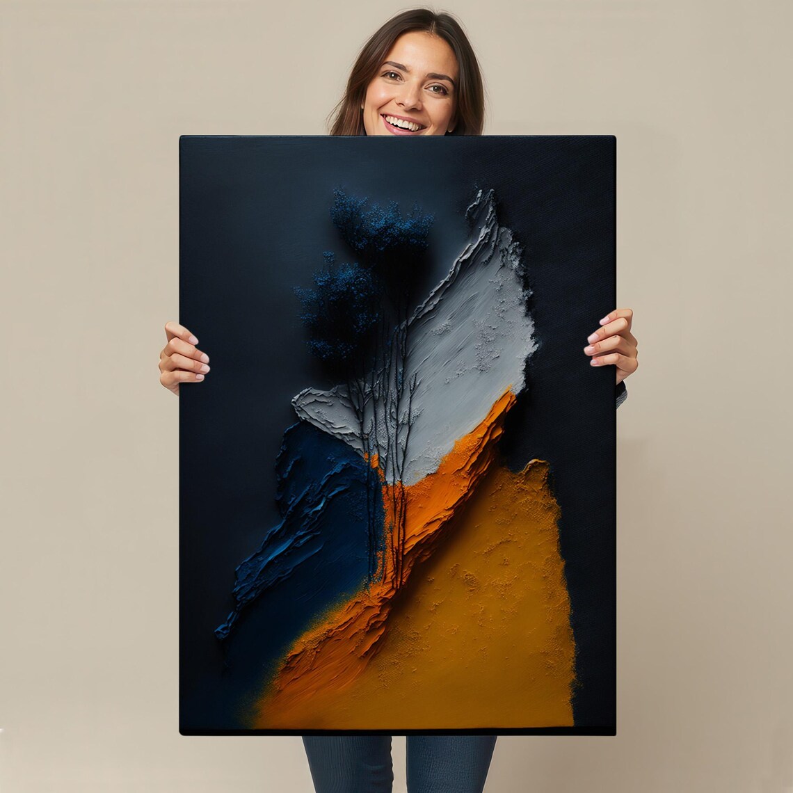 Navy Blue Burnt Orange Abstract Textured Impasto Modern Art Poster - Image 4