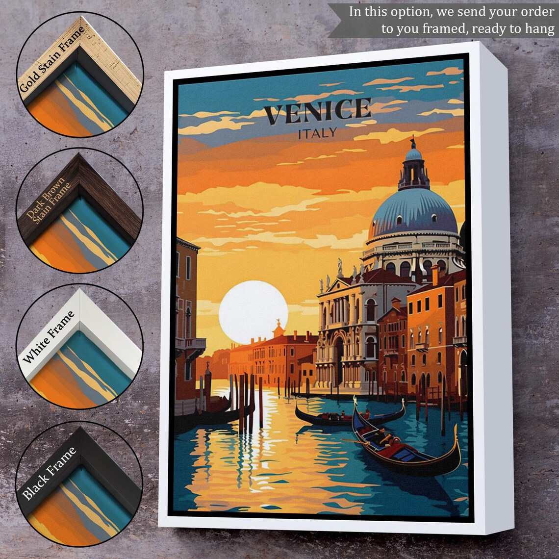 Venice Italy Grand Canal Gondolas Sunset Vintage Style Travel Poster - Image 3
