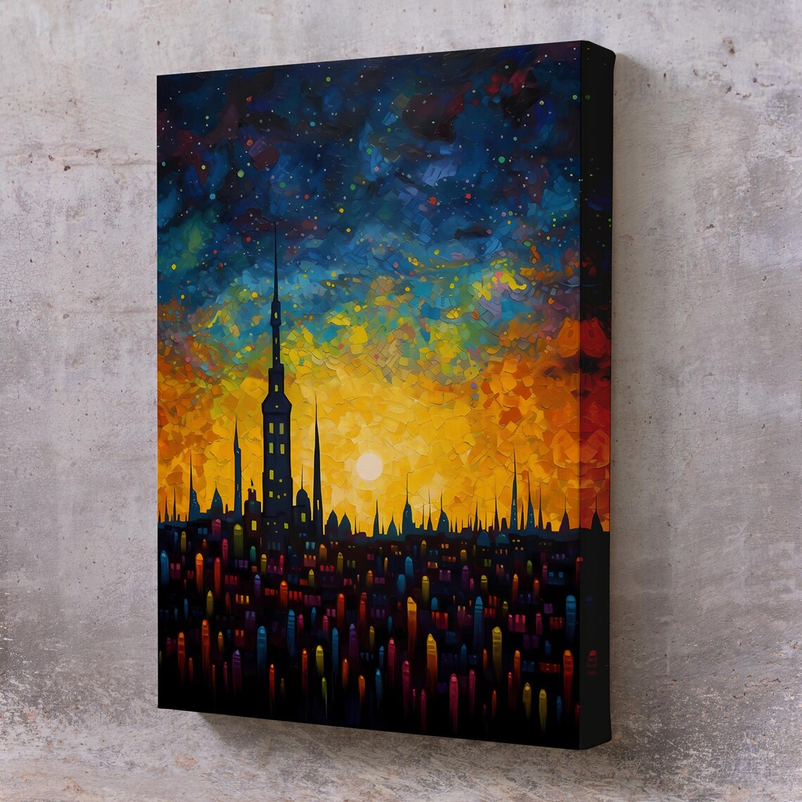 Starry Night City Skyline Silhouette Golden Sky Fantasy Wall Art