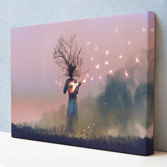 Surreal Tree Head Musician Playing Glowing Lute at Twilight Wall Art