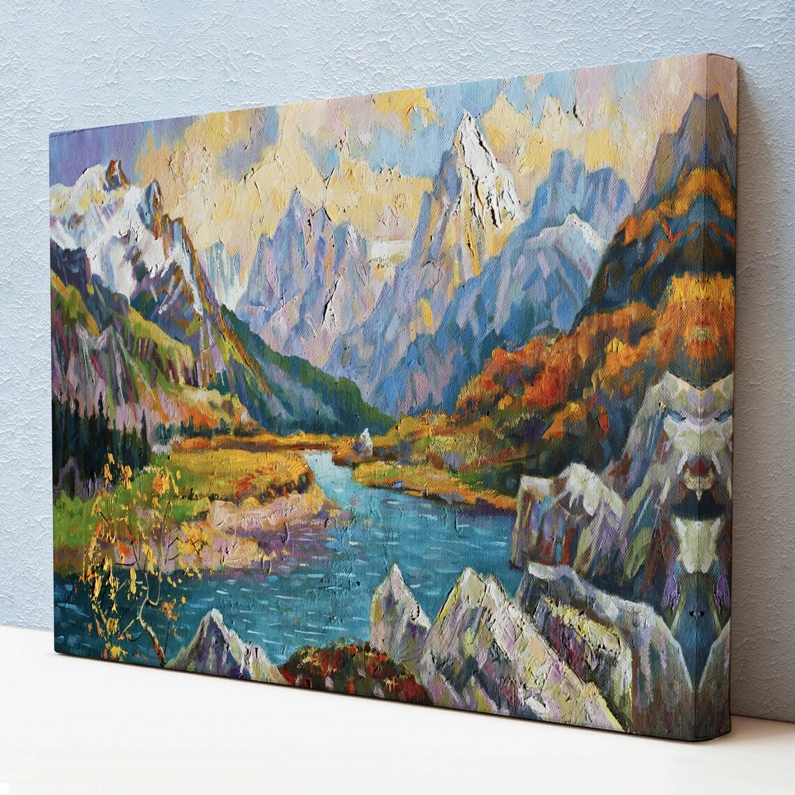 Snow Capped Mountain Valley Lake Autumn Alpine Landscape Art Poster