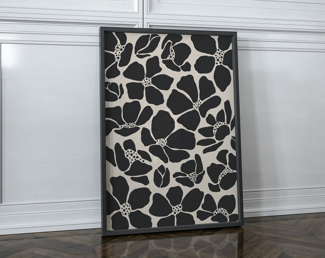 Moody Beige and Black Floral Abstract Art Print