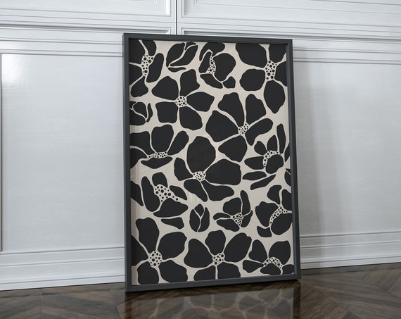 Moody Beige and Black Floral Abstract Art Print