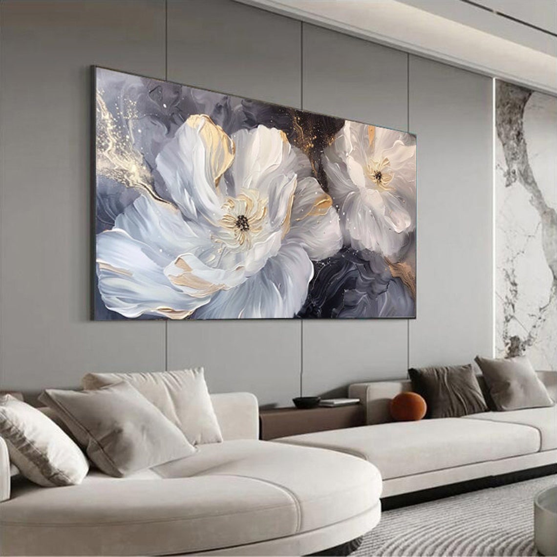 Oversized White Peony Blossoms With Gold Petals Floral Poster - Image 3