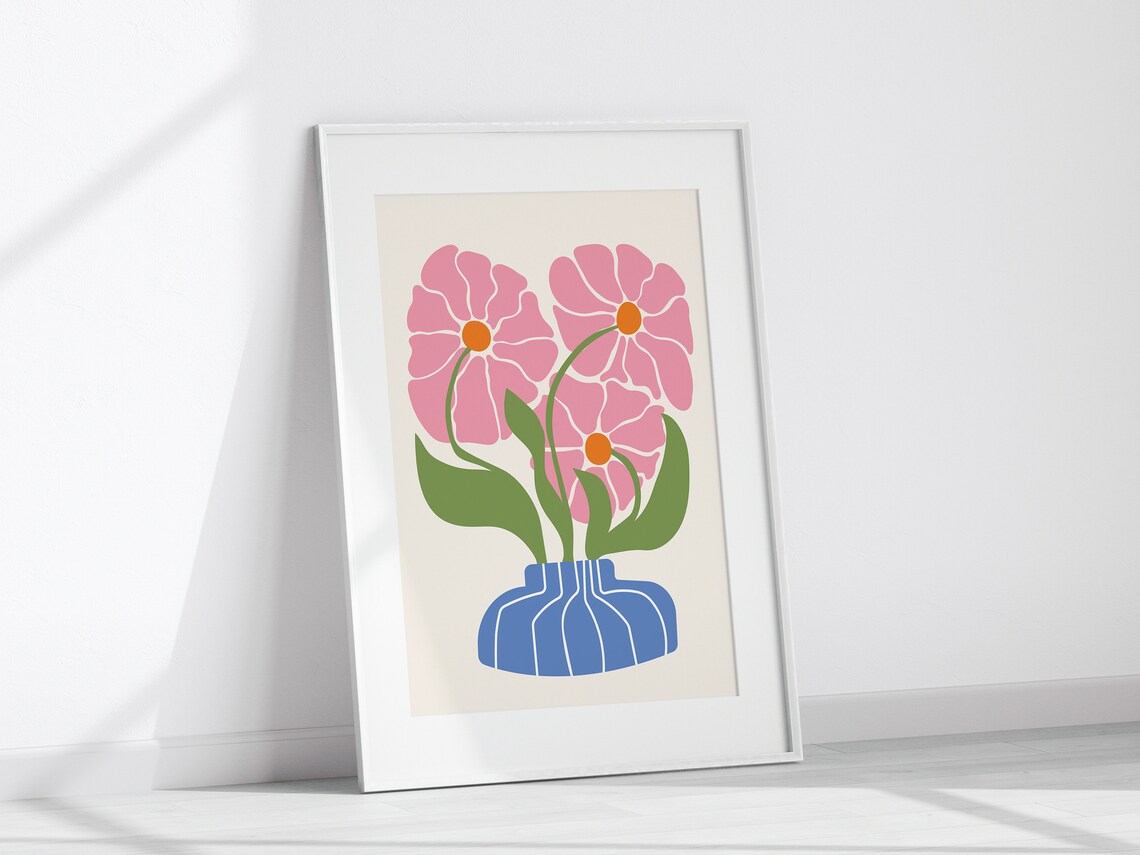 Matisse Inspired Pink Flowers in Blue Vase Modern Floral Art Poster - Image 2