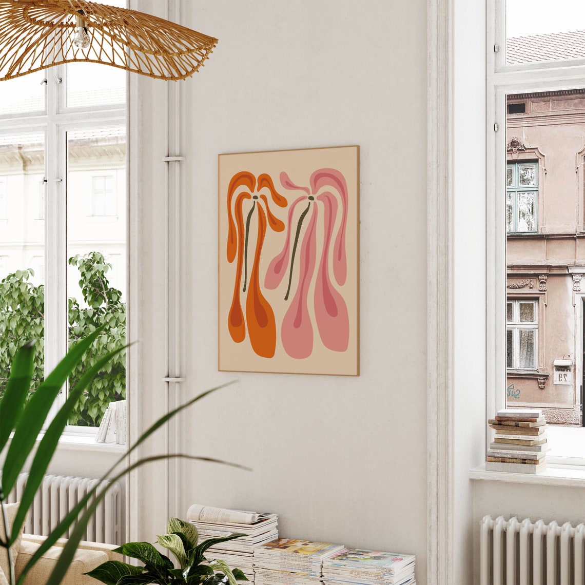 Matisse Inspired Orange Pink Abstract Flower Pair Mid Century Poster - Image 2