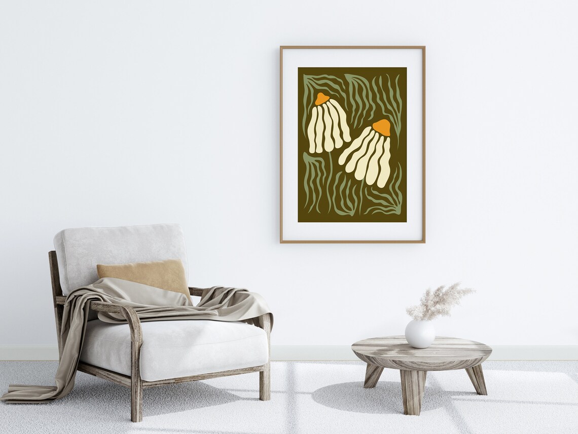 Boho Daisies Flower Poster Olive Green Mid Century Modern Botanical Art - Image 2