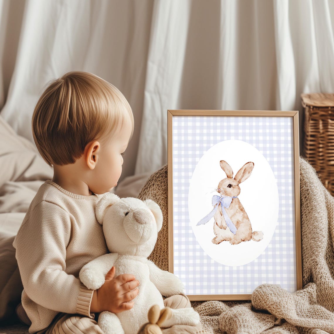 Cute Blue Gingham Bunny With Ribbon Watercolor Nursery Art Print - Image 2