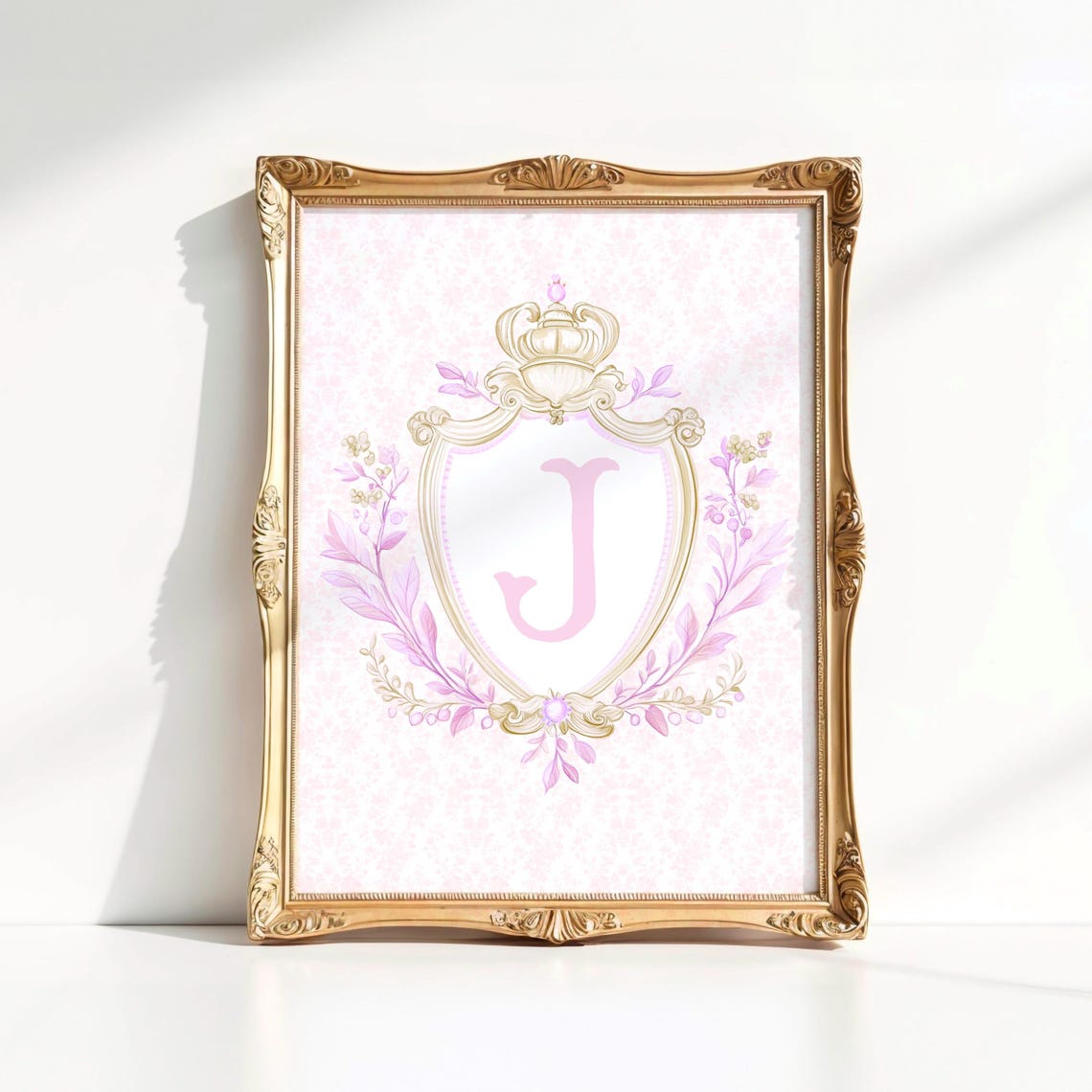 Initial J Pink Crest Coquette Floral Monogram Nursery Poster
