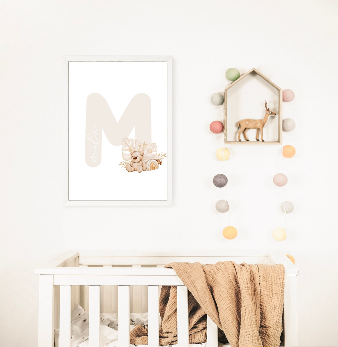 Boho Mila Teddy Bear Rainbow Monstera Nursery Name Initial Poster - Image 3