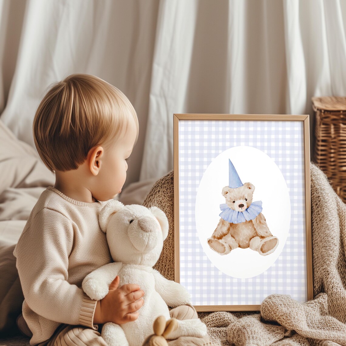 Sweet Blue Birthday Bear Party Hat Gingham Nursery Art Print - Image 2