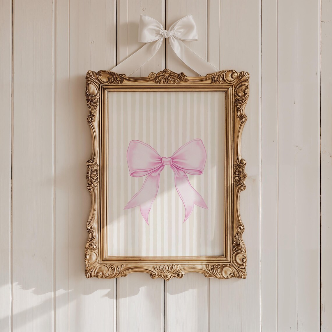 Elegant Pink Satin Bow Cream Striped Coquette Girly Art Print - Image 2