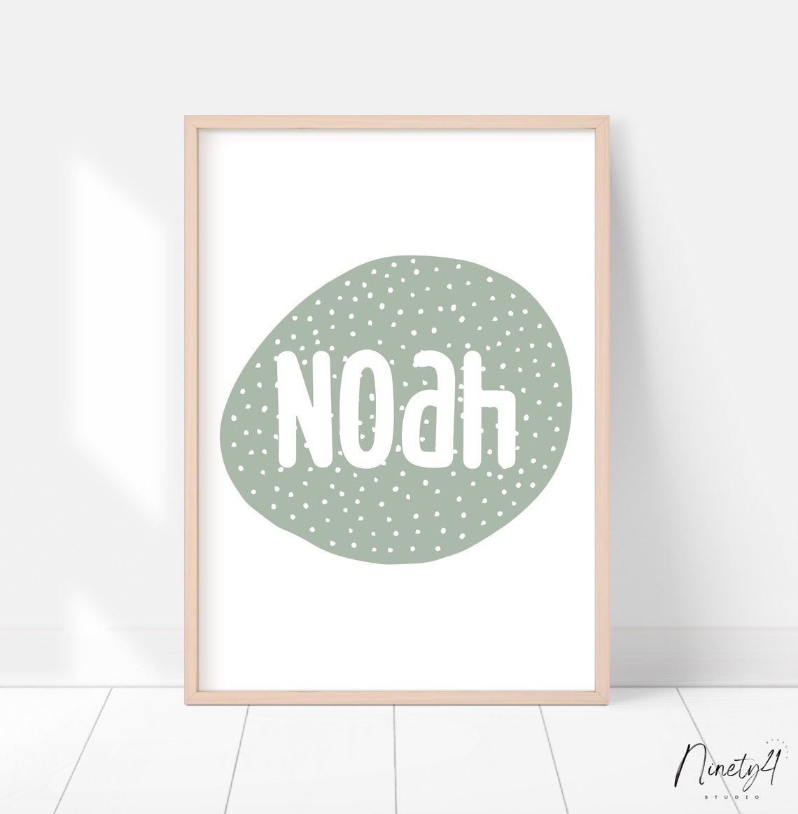 Boho Sage Green Polka Dot Blob Personalized Noah Name Poster