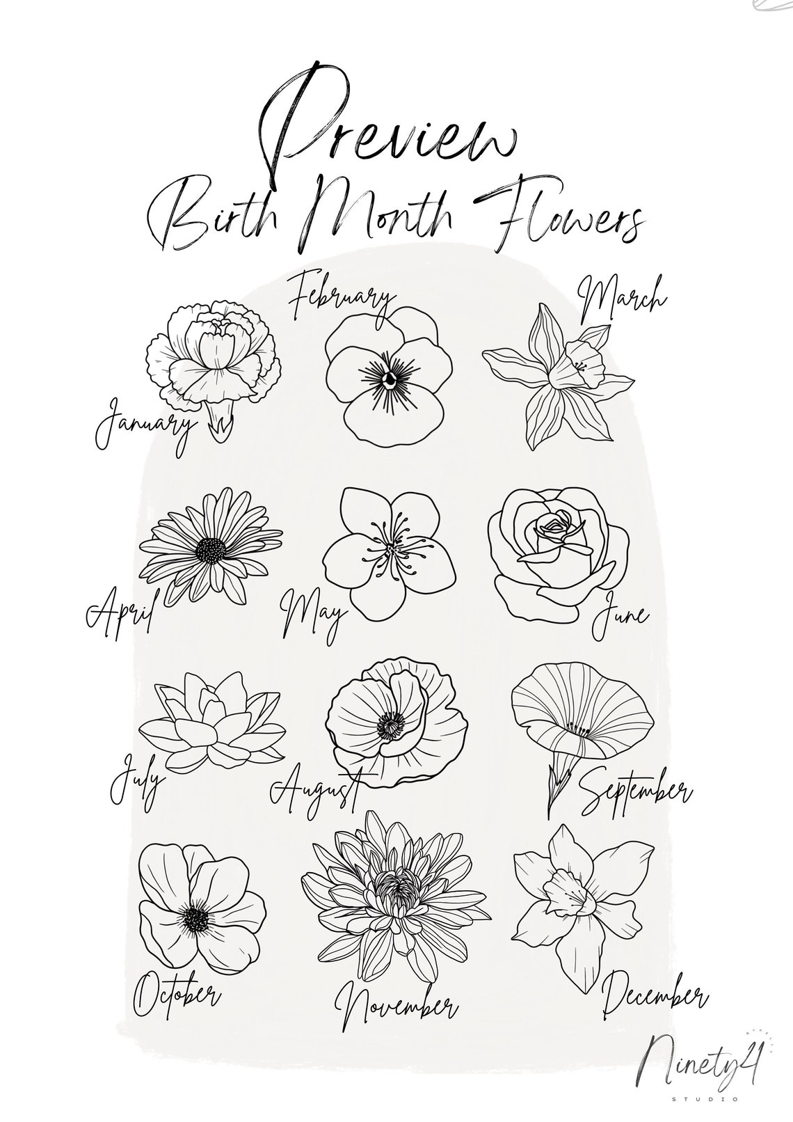 Crescent Moon Birth Flower Poster Botanical Line Art Peony Decor - Image 2