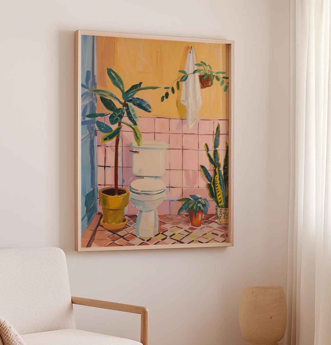 Boho Bathroom Toilet With Houseplants Pink Tiles Fun Art Poster - Image 2