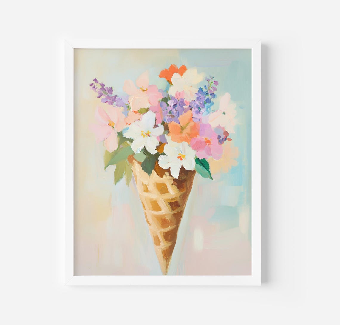 Flower Bouquet in Ice Cream Waffle Cone Whimsical Sweet Art Poster