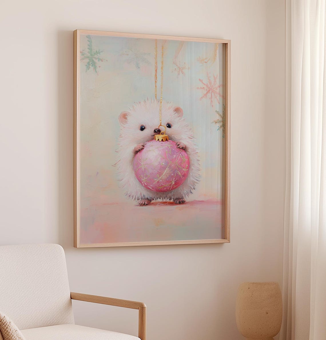Cute White Hedgehog Holding Pink Christmas Ornament Winter Art Poster - Image 2