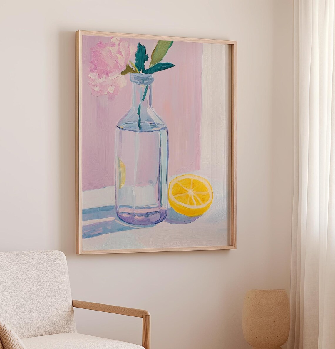 Glass Bottle with Pink Flower and Lemon Pastel Still Life Art Poster - Image 2