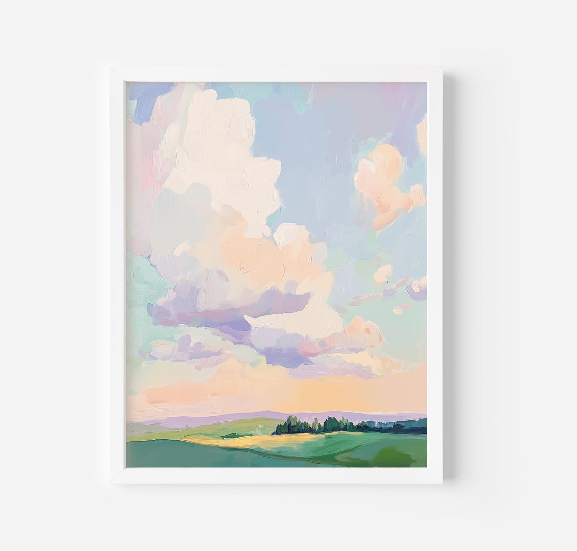 Dreamy Pastel Cloud Sky Over Rolling Green Fields Landscape Poster
