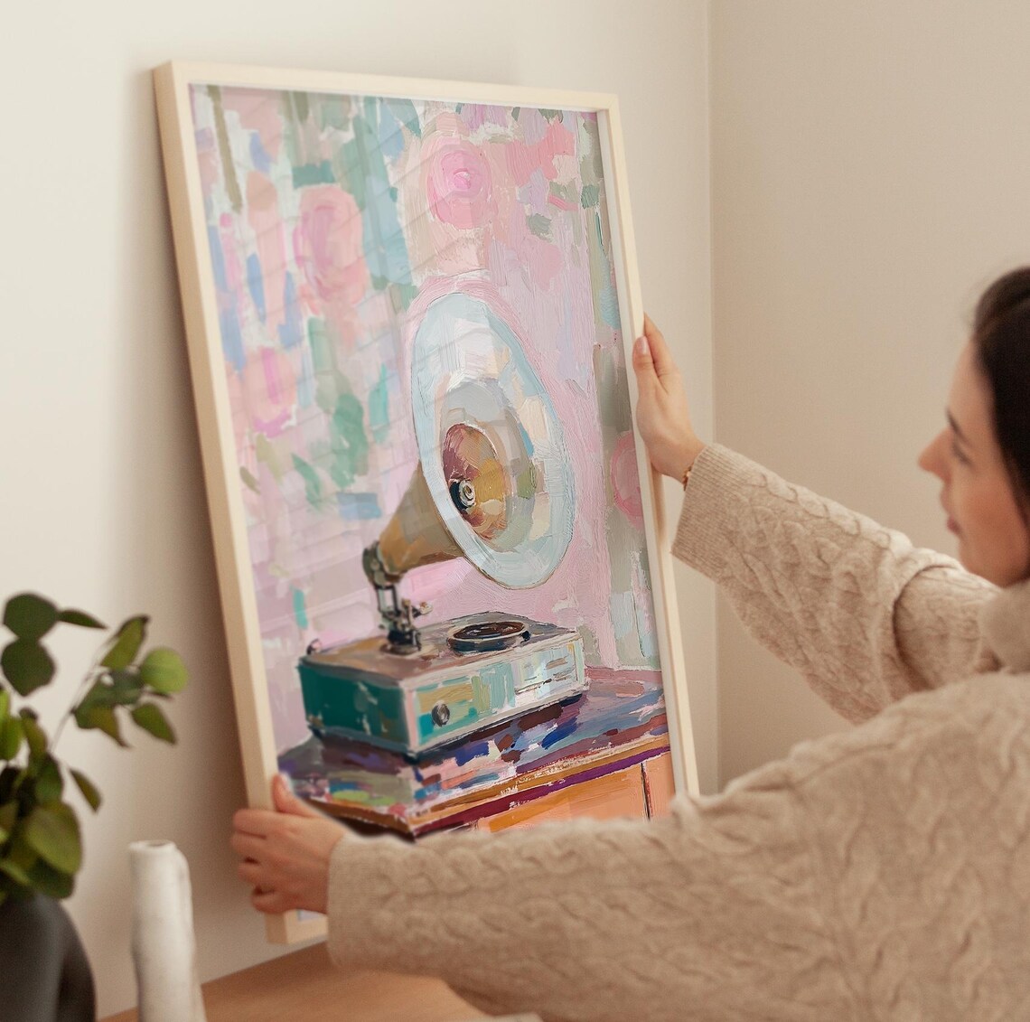 Vintage Gramophone with Floral Pastel Background Retro Music Art Poster - Image 3