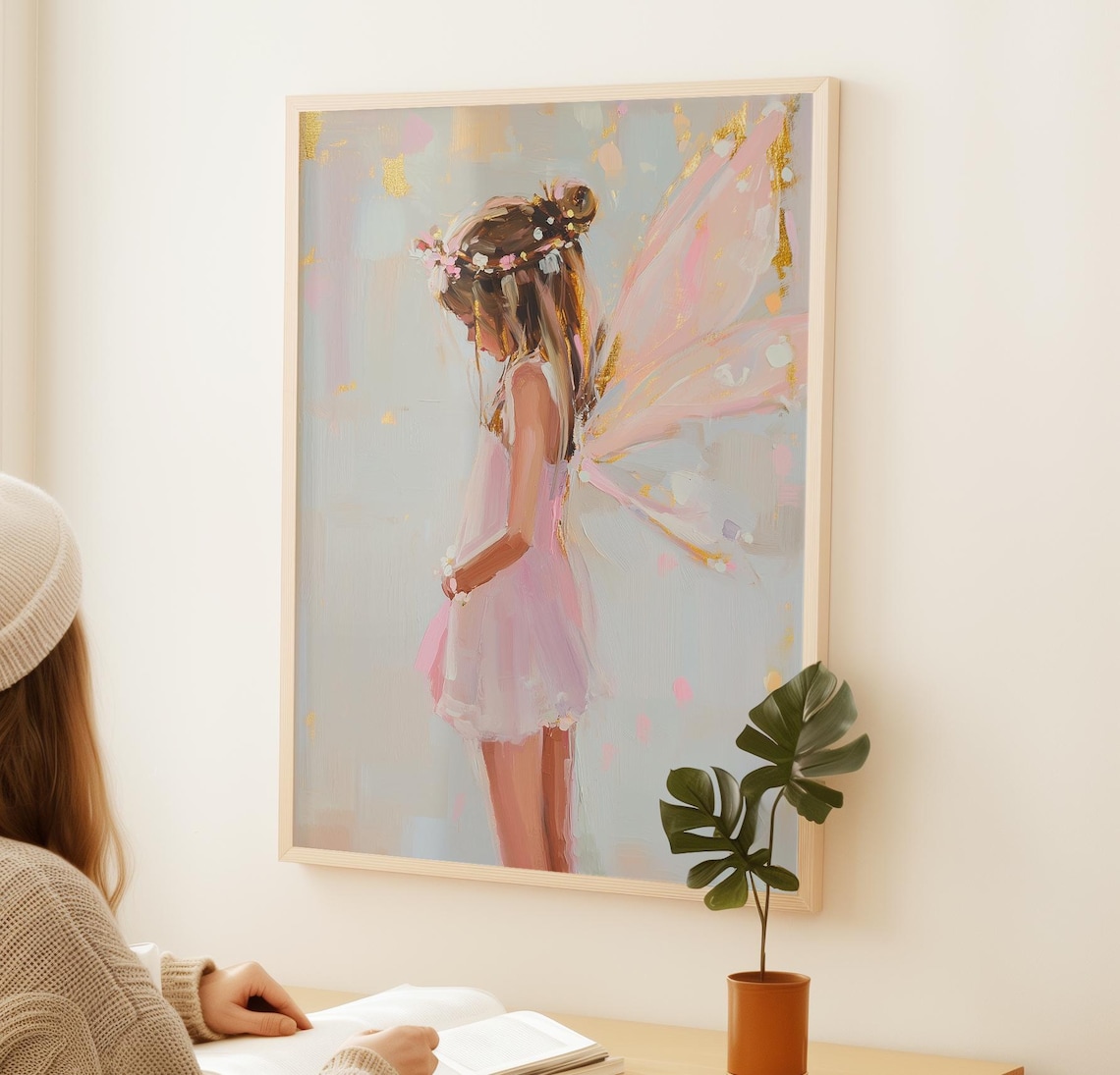 Little Fairy Girl in Pink Tulle Dress Pastel Wings Magical Nursery Poster