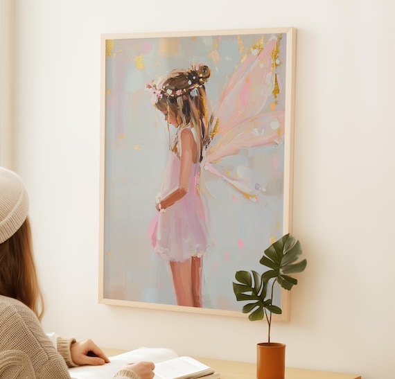 Little Fairy Girl in Pink Tulle Dress Pastel Wings Magical Nursery Poster