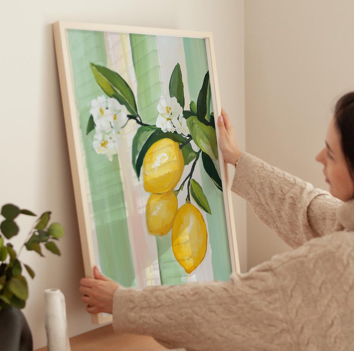 Fresh Lemon Branch Blossoms Pastel Stripes Citrus Kitchen Wall Poster - Image 4
