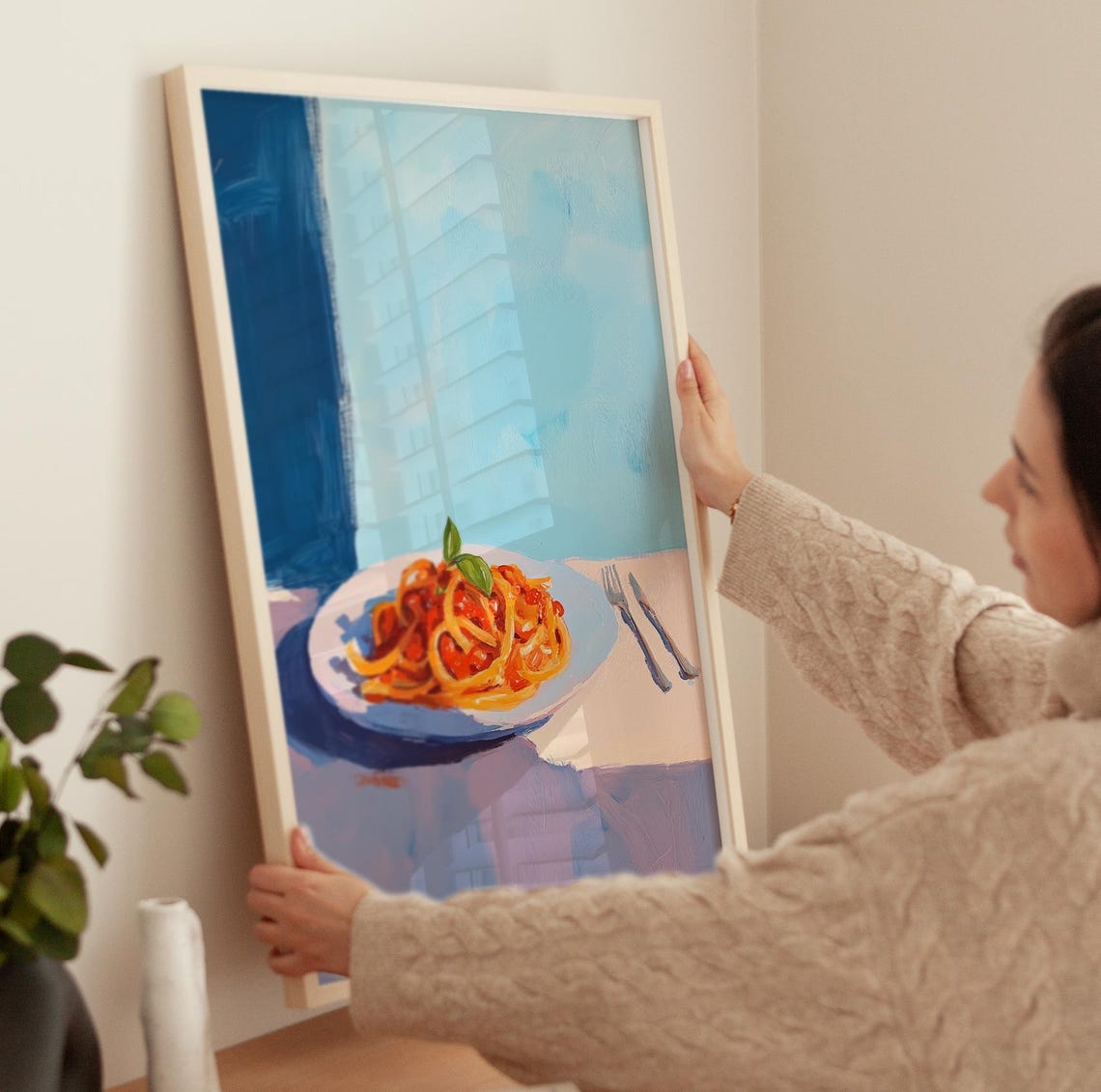 Plate Of Spaghetti With Tomato Sauce Pastel Kitchen Art Poster - Image 3