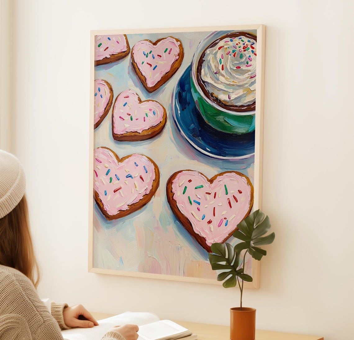 Pink Heart Cookies With Sprinkles And Hot Cocoa Cup Art Poster - Image 2