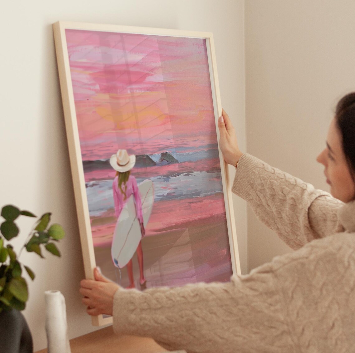 Western Surfer Girl With Board At Pink Sunset Coastal Art Poster - Image 3