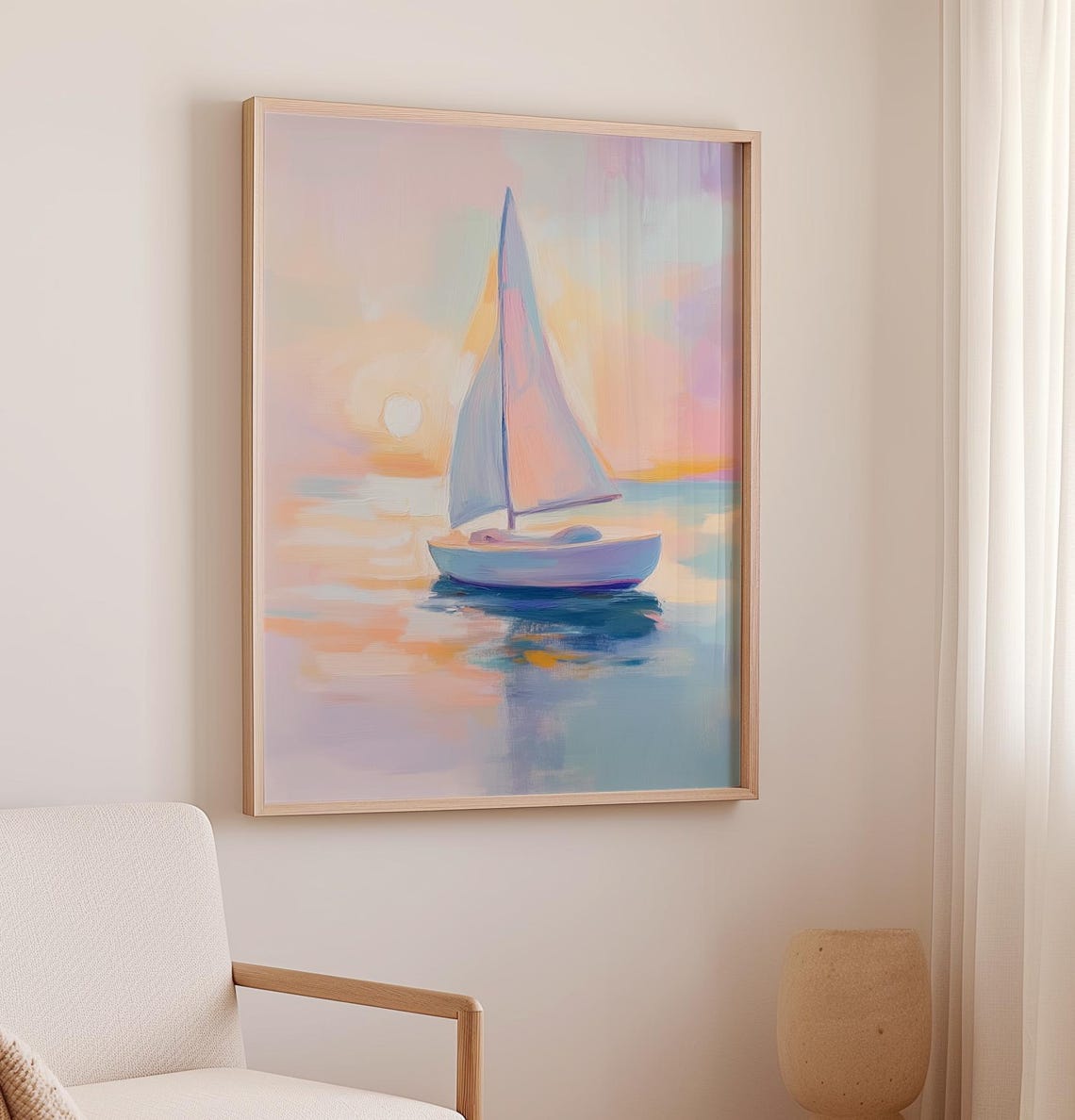 Sailboat At Pink Sunset Pastel Ocean Sailing Painting Poster - Image 2