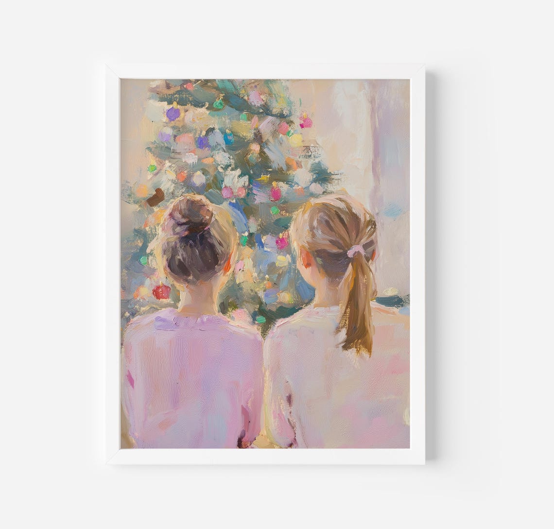 Two Girls Gazing At A Pastel Christmas Tree Holiday Scene Poster - Image 3