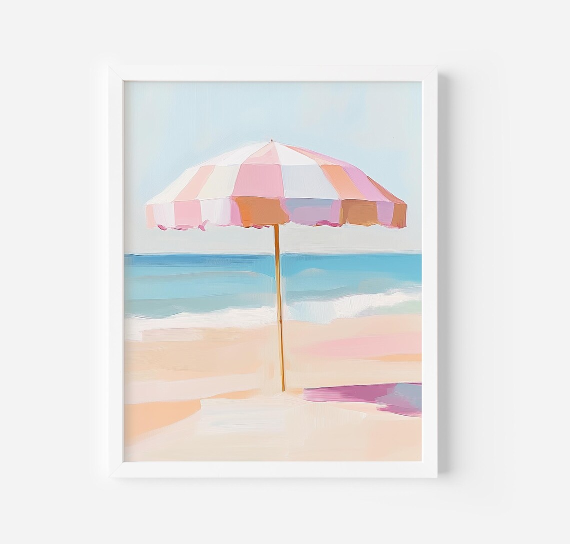 Pink Beach Umbrella Painting, Retro Summer Art Print