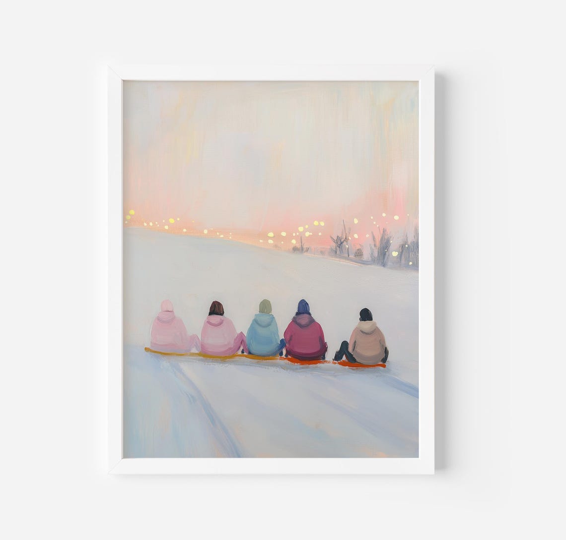 Winter Sunset Sledding Friends Snowy Landscape Holiday Poster - Image 3